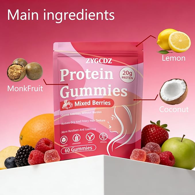 Protein Gummies for Women & Men, 20g Protein per Serving, Zero Sugar, Vegan, Supports Hair Skin Nails Health with Collagen, Energy Boosting Supplement, Mixed Berries Flavor, 60 Gummies (1) (1)