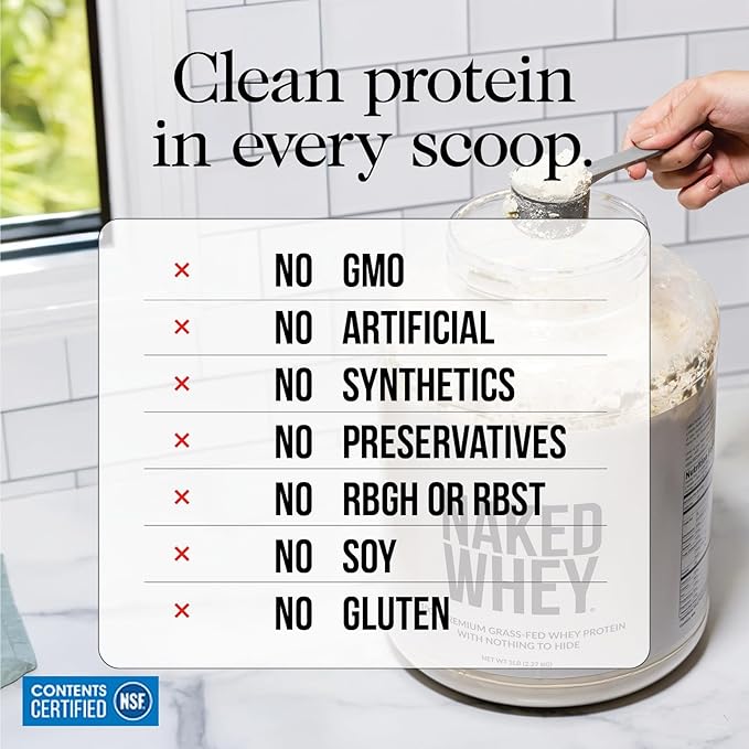 NAKED Whey 2LB 100% Grass Fed Whey Protein Powder - Only 1 Ingredient, Unflavored Whey Protein, NSF Certified, Undenatured, Gluten Free, Soy Free, No GMOs, No Preservatives