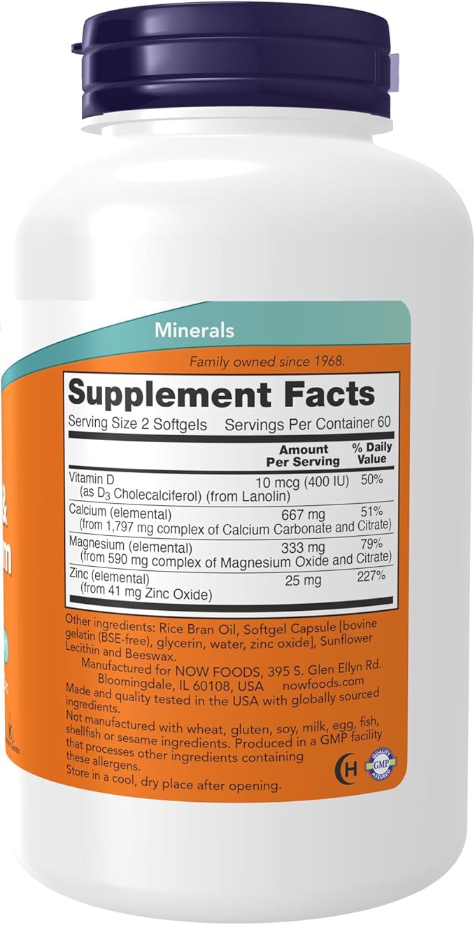 NOW Foods Supplements, Calcium & Magnesium with Vitamin D-3 and Zinc, Supports Bone Health*, 120 Softgels