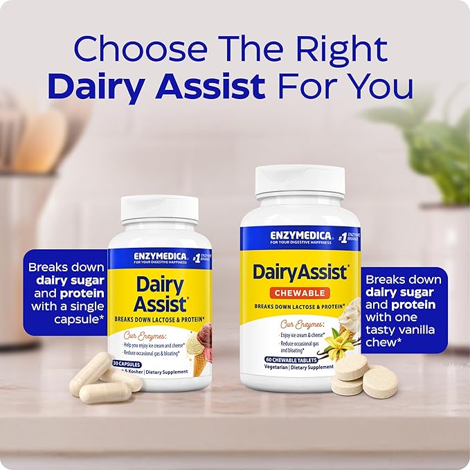 Enzymedica DairyAssist, 2-in-1 Digestive Enzymes for Dairy, Lactose and Casein Digestion, Fast-Acting Formula for Gas and Bloating Relief, 30 Capsules