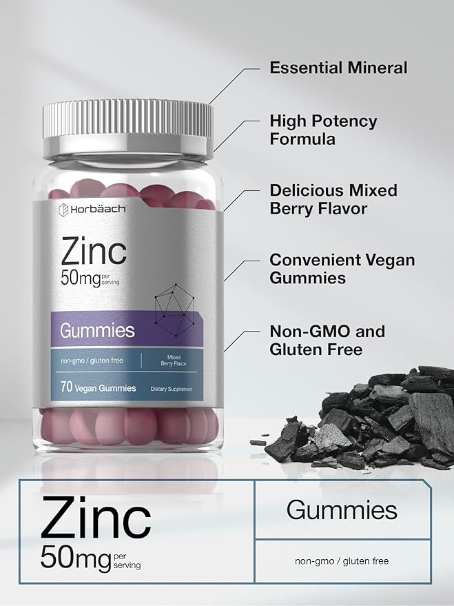 Horbäach Zinc Gummies | 50mg | 70 Count | Mixed Berry Flavor | Vegan, Non-GMO, Gluten Free Formula