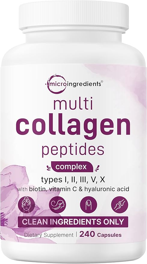 Micro Ingredients Multi Collagen Pills for Women & Men, 240 Capsules | Type I, II, III, V, X | Hydrolyzed Peptides with Biotin, Hyaluronic Acid, & Fat Soluble Vitamin C Complex | Non-GMO, Filler Free