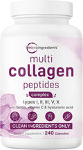 Micro Ingredients Multi Collagen Pills for Women & Men, 240 Capsules | Type I, II, III, V, X | Hydrolyzed Peptides with Biotin, Hyaluronic Acid, & Fat Soluble Vitamin C Complex | Non-GMO, Filler Free