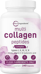 Micro Ingredients Multi Collagen Pills for Women & Men, 240 Capsules | Type I, II, III, V, X | Hydrolyzed Peptides with Biotin, Hyaluronic Acid, & Fat Soluble Vitamin C Complex | Non-GMO, Filler Free