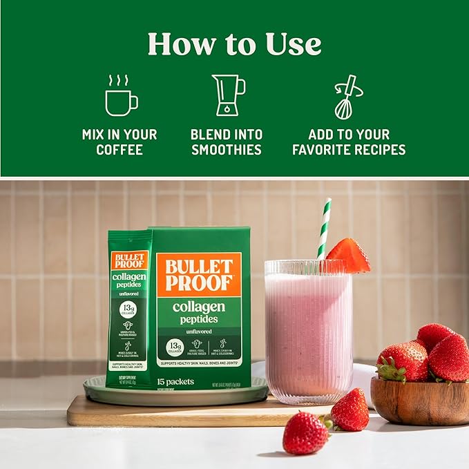 Bulletproof Unflavored Grass-Fed Collagen Peptides Powder Packets with Amino Acids for Skin, Bone and Joint Support, Pasture Raised, No Added Hormones, Pack of 15