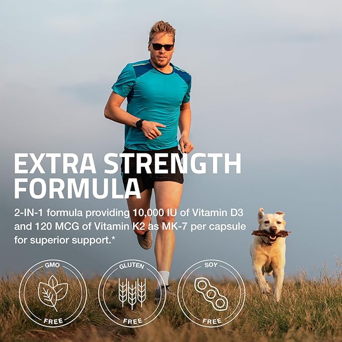 Bronson Vitamin K2 (MK7) with D3 Extra Strength Supplement Bone Health Non-GMO Formula 10,000 IU & 120 mcg MK-7 Easy to Swallow D K, 60 Capsules
