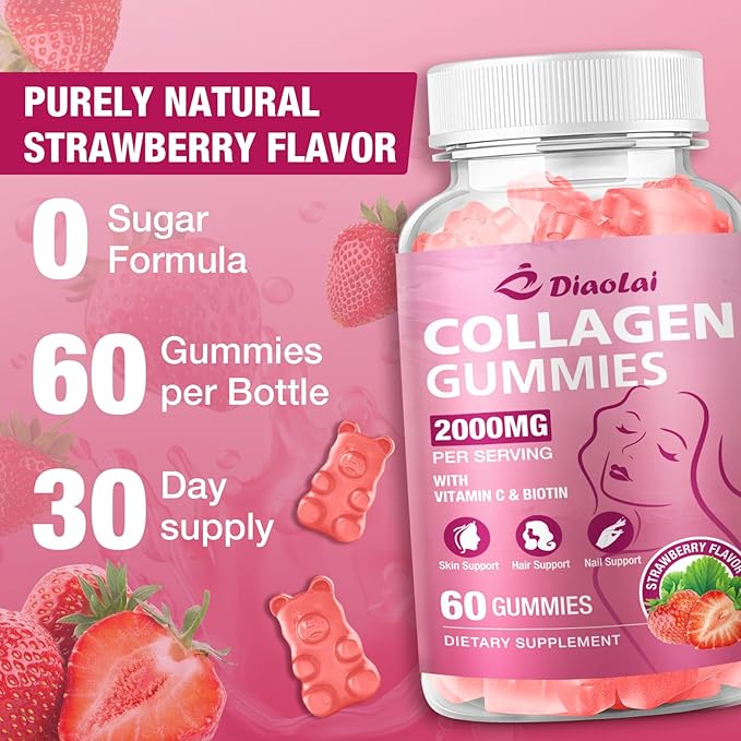Sugar-Free Multi Collagen Gummies for Women & Men – Types I, II, III, V, X with Biotin, Vitamin C & Zinc for Hair, Skin & Nails | Strawberry Flavor | 120 Gummies