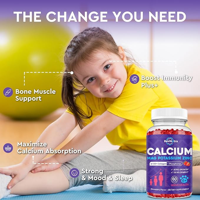 Calcium Potassium Magnesium Gummies for Kids & Adults, with Hydrolyzed Collagen, Zinc, Phosphorus, Multivitamin for Sleep, Bone Strength, Density Support, Sugar Free, Strawberry Flavor 60 Gummies