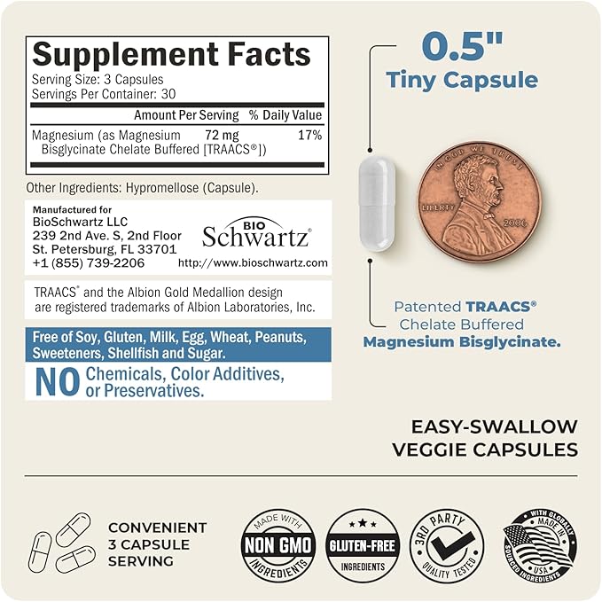 Magnesium Bisglycinate 100% Chelate No-Laxative Effect - Maximum Absorption & Bioavailability, Fully Reacted & Buffered - Healthy Energy Muscle Bone & Joint Support - Non-GMO Project Verified - 90 ct
