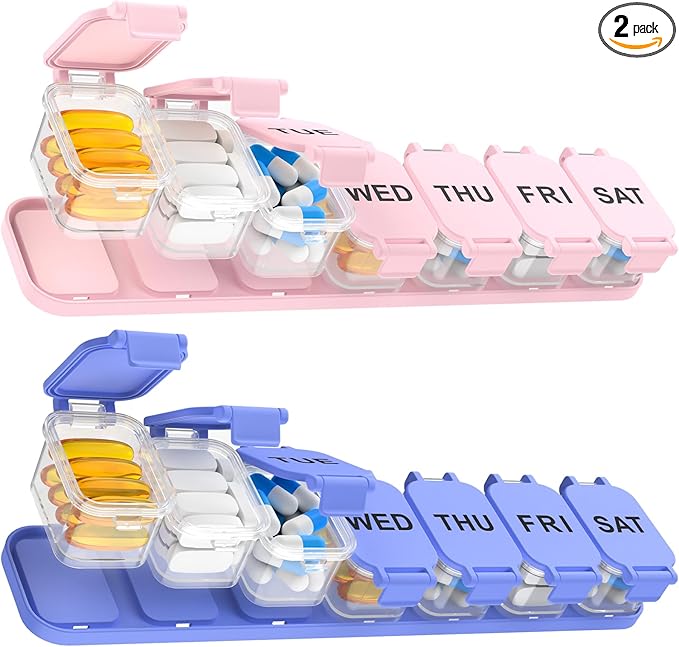 2-Pack Extra Large Weekly Pill Organizer, Travel Pill Box 7 Days, XL Vitamin Holder with 7 Detachable Compartments, Daily Pill Case for Home and Travel