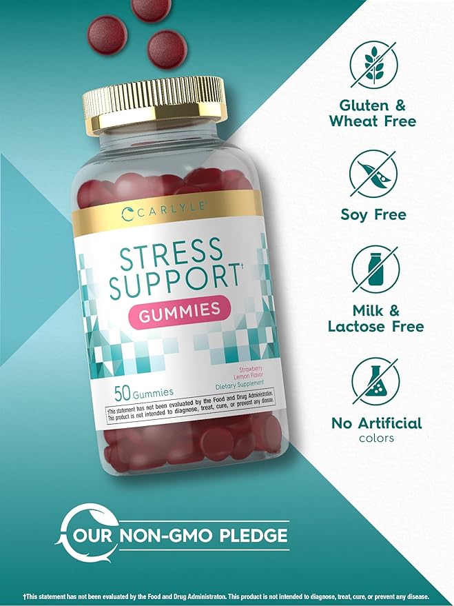 Carlyle Stress Support Supplement Gummies | 50 Count | for Women and Men | with GABA and L-Theanine | Strawberry Lemon Flavor | Non-GMO & Gluten Free
