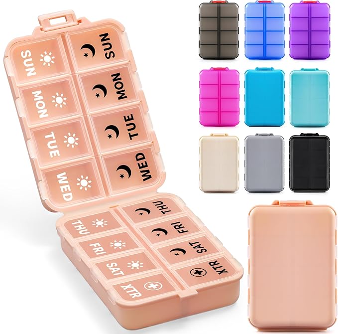 Foldable Weekly Pill Organizer 2 Times a Day with 2 Extra Compartments (Clear Printed Labels) - Portable 7 Day AM PM Medicine Box, Week Daily Travel Pill Case Holder for Vitamin, Supplement - Pink