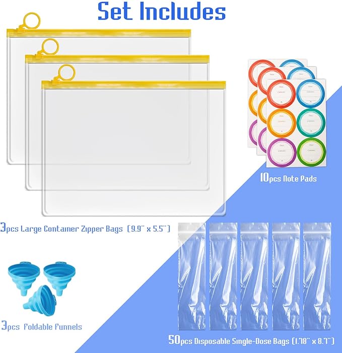 WALLFID Protein Powder Travel Container Set,Portable Powder Supplement Container,50pcs (1.78" x 8.7") Disposable Single-Dose Bags and 3pcs (9.9" x 5.6") Large Container Zipper Bags for Fitness,Travel