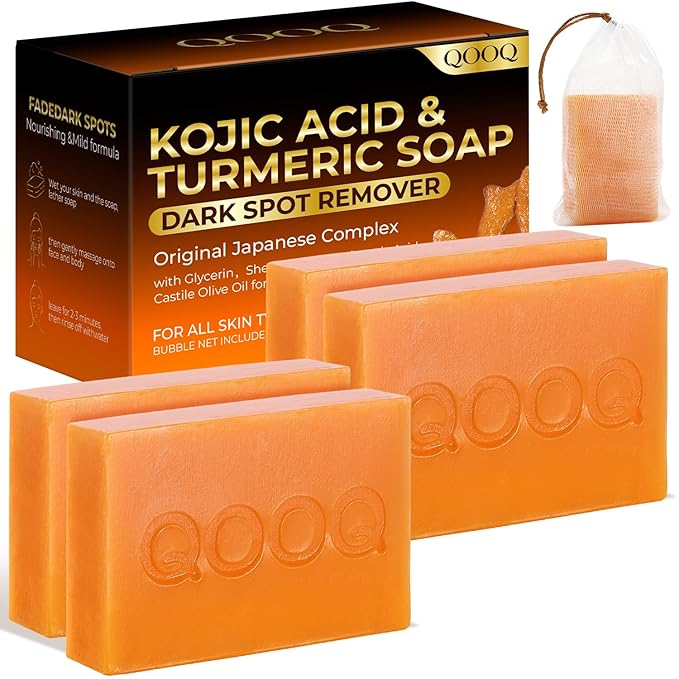 QOOQ Turmeric Kojic Acid Soap for Dark Spots Remover – Facial Cleansing Bar with Vitamin C, Retinol, Collagen, Vitamin E, Glycerin, Shea Butter & Castile Olive Oil – Soap for Women & Men (120g x 4)
