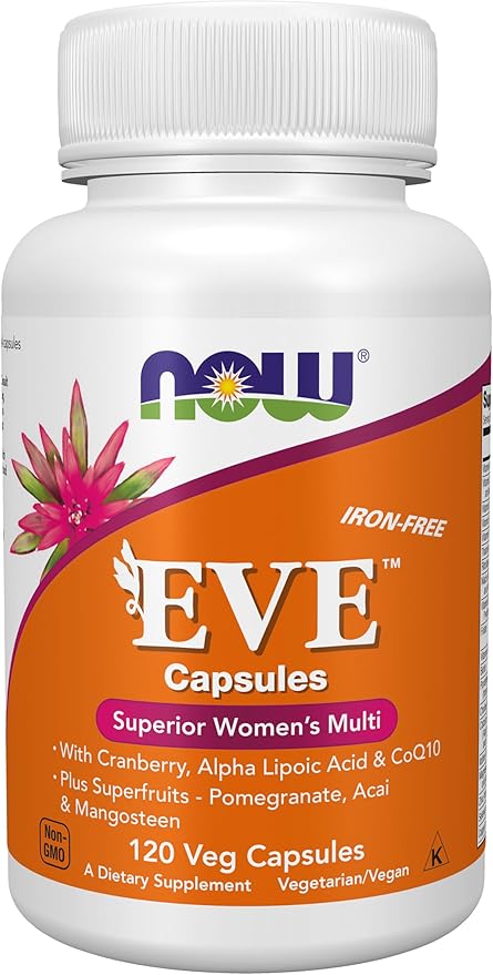 NOW Foods Supplements, Eve™ Women's Multivitamin with Cranberry, Alpha Lipoic Acid and CoQ10, plus Superfruits - Pomegranate, Acai & Mangosteen, Iron-Free, 120 Veg Capsules