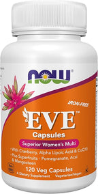 NOW Foods Supplements, Eve™ Women's Multivitamin with Cranberry, Alpha Lipoic Acid and CoQ10, plus Superfruits - Pomegranate, Acai & Mangosteen, Iron-Free, 120 Veg Capsules