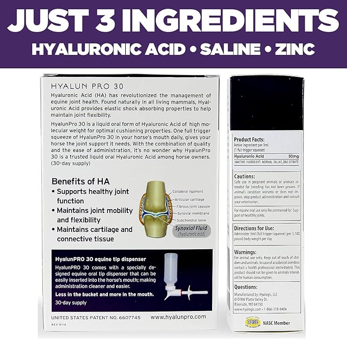 Hyalogic Hyaluronic Acid for Horses 90 Day Supply Easy Oral Tip Dispenser - Liquid HA Supplement for Equine Joints and Cartilage Support - Hyalun Pro - 9 oz / 296 ml