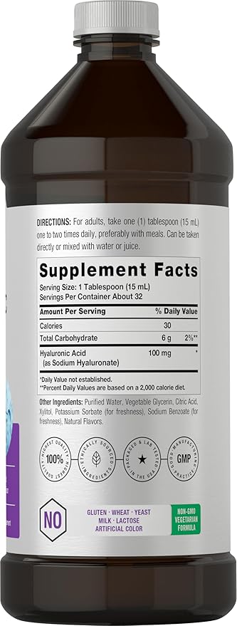 Horbäach Liquid Hyaluronic Acid Supplement | 100 mg | 16 oz | Mixed Berry Flavor | Non-GMO and Gluten Free Formula