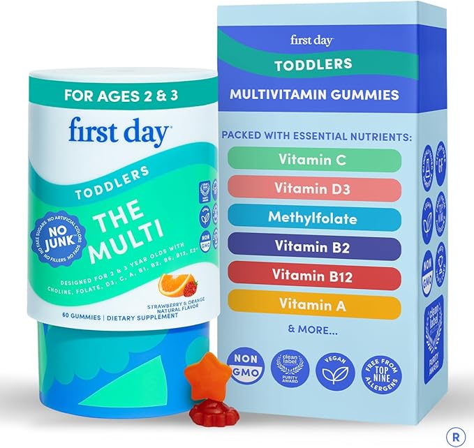 FIRST DAY Toddler Multivitamin Gummies (Ages 2-3)| Kids Multivitamin Gummies with Vitamins A C D3, B2, B12, Choline, Folate and 21 Organic Superfoods| (30 Day Supply)