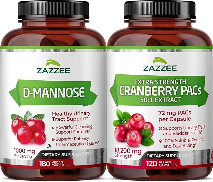 Zazzee Ultimate Urinary Tract Support Bundle | Super Concentrated Proanthocyanidin Cranberry Extract Capsules Plus D-Mannose 1000mg Capsules for UT & Bladder Cleansing