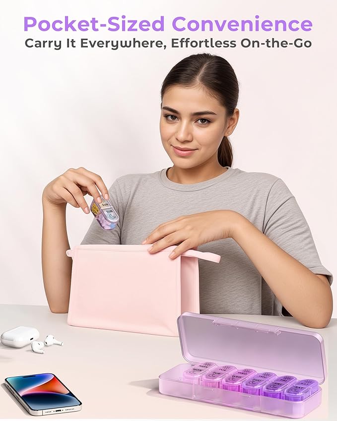 Pillex Pill Organizer, Am & Pm Pill Organizer 7 Days, Weekly Pill Case 2 Times a Day, Cute Pill Box 7 Day, Medicine Organizer for Travel, Vitamins, Fish Oils, Supplements (Gradient Pink-Purple)