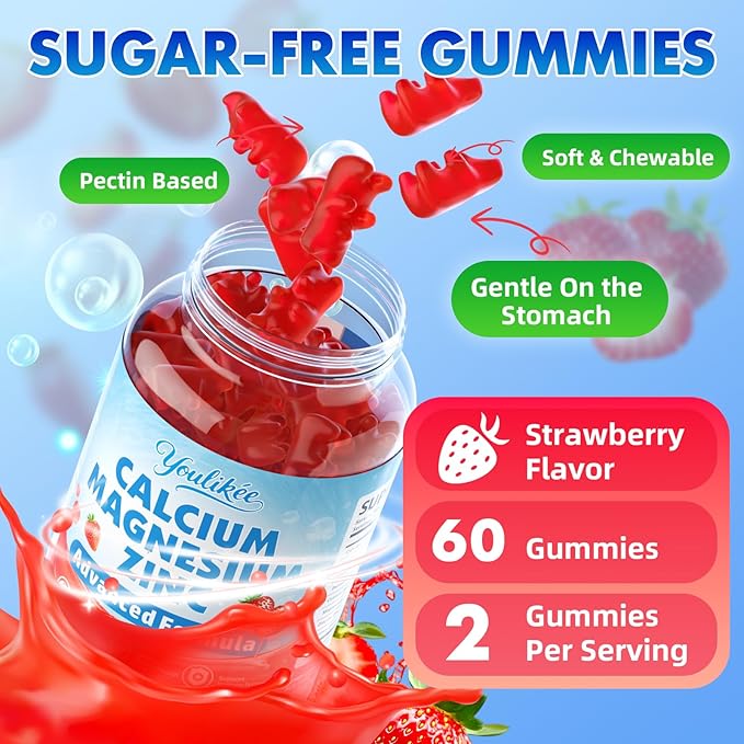 2 Pack Calcium Magnesium Zinc Gummies for Adult, Calcium Citrate with Vitamin D3, High Absorption Calcium Magnesium Supplement for Women & Men, Sugar-Free, Strawberry Flavor, 120 Count