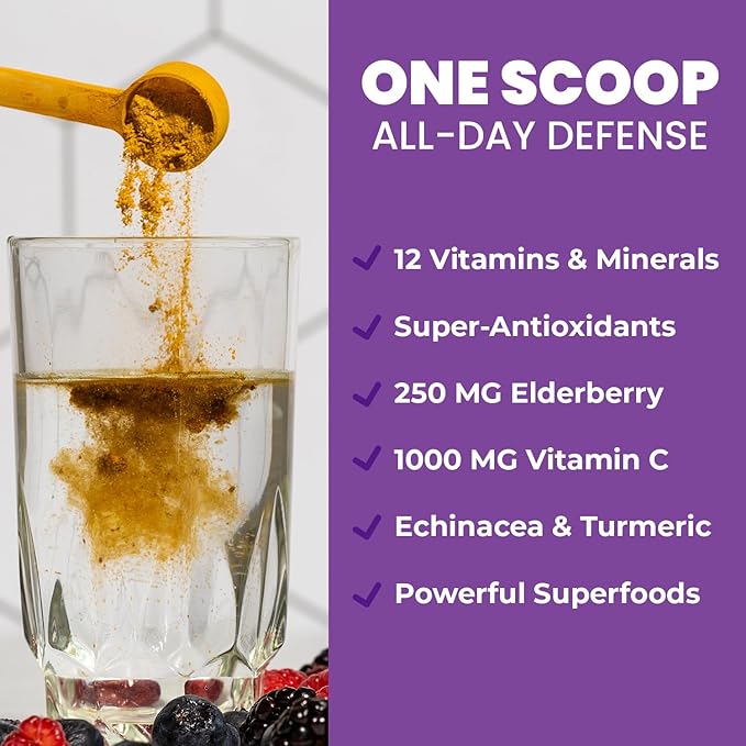 GOBIOTIX Vitamin C - Immune Defense Support Supplement - Immunity Powder Wellness Booster - Vegan Superfood - Elderberry, Turmeric, B12 Vitamin Supplement, Non-GMO and Sugar Free (Berry)
