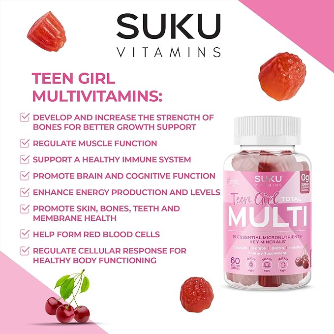 SUKU Teen Girl Multivitamin Gummies – Vitamins A, B12, C, D3, E, Biotin & Zinc – Sugar-Free Vegetarian Supplement for Skin, Energy, Immune & Bone Health – Cherry Flavor – 60 Count