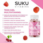 SUKU Teen Girl Multivitamin Gummies – Vitamins A, B12, C, D3, E, Biotin & Zinc – Sugar-Free Vegetarian Supplement for Skin, Energy, Immune & Bone Health – Cherry Flavor – 60 Count
