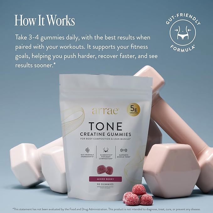 Arrae Tone Gummies – Creatine Monohydrate 5g for Women – Support Lean Muscle, Strength & Recovery – Hormone-Friendly Muscle Toning Supplement – Mixed Berry Flavor – 90 Count