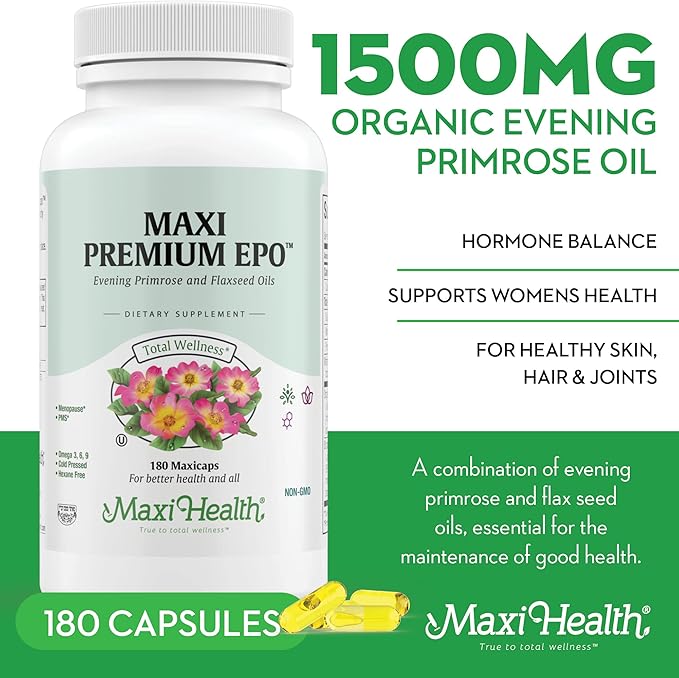 Organic Evening Primrose Oil Capsules 1500mg - EPO Gamma Linolenic Acid Supplement - Hormone Balance for Women - PMS & Hot Flashes Menopause Relief - GLA Hormonal Acne Supplements, 180 Count