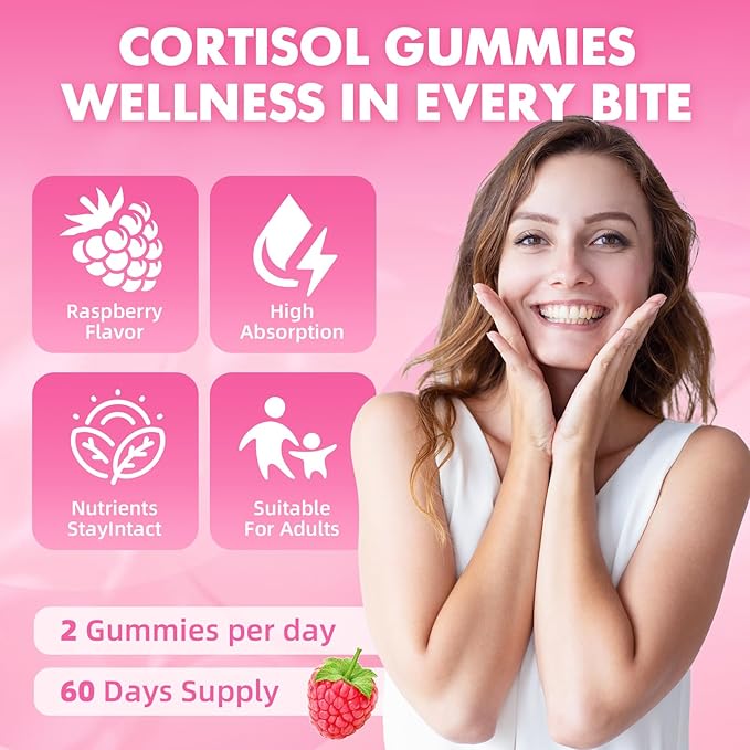 Cortisol Gummies for Women, Cortisol Supplements Gummies with Magnesium Ashwagandha Rhodiola Rosea and L-theanine Complex for Relaxation and Focus, Zzz Support, Raspberry Flavor, 60 Count
