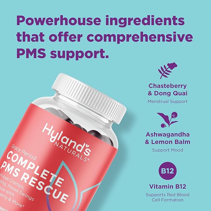 Hyland's Grace Period Complete PMS Rescue – 60 Vegan Gummies - with Chasteberry & Dong Quai for Menstrual Support & B6 + B12 for Red Blood Cell Formation (Pack of 2)