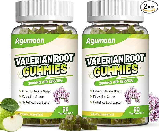 2 Pack Valerian Root Gummies 2000mg, Valerian Root Extract for Relaxation & Mood Support, Herbal Supplement for Kids & Adults, Vegan, Apple Flavor, 120 Count