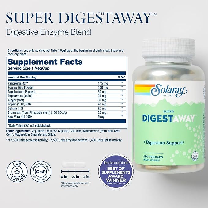 SOLARAY Super Digestaway Digestive Enzymes - Pancreatin, Papain, Ginger, Pepsin, Betaine HCl, Aloe Vera, and More - Digestion & Nutrient Absorption Support - Lab Verified - 180 VegCaps