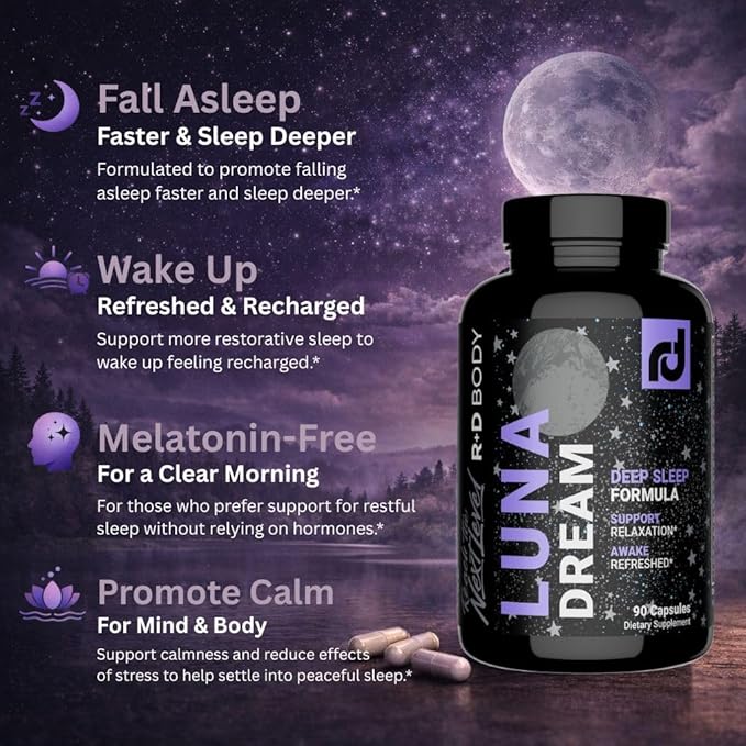 Luna Dream Natural Sleep Supplement for Relaxation & Restful Sleep (90 Capsules) - Natural Sleep Aid with Valerian Root, Ashwagandha, Magnesium, L-Tryptophan, Lemon Balm, & More - Melatonin Free