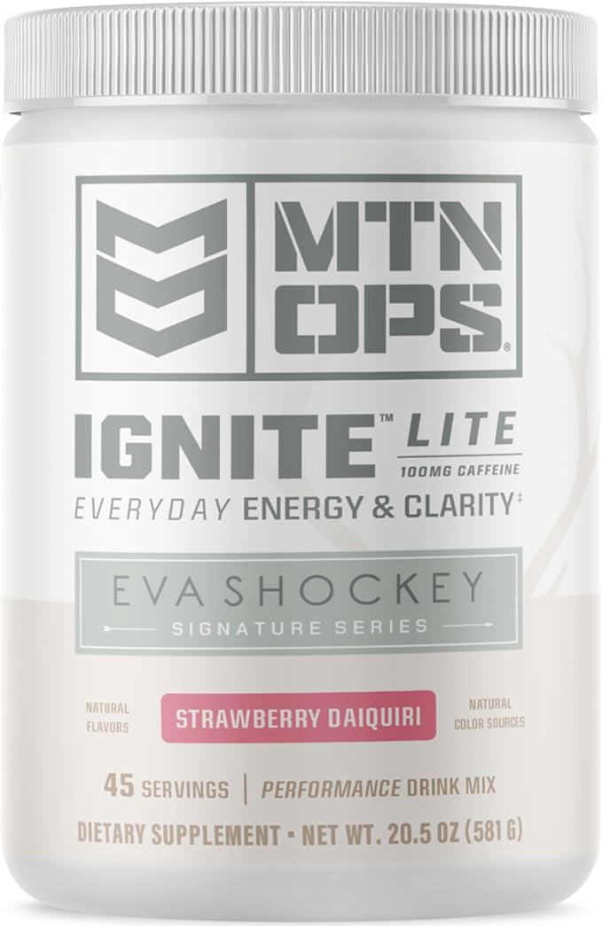 MTN OPS Ignite Lite Sugar Free Energy Drink Powder with 100mg Caffeine, Nootropic Blend for Energy & Focus, L Arginine & L Citrulline for Endurance, 45 Servings, Strawberry Daiquiri