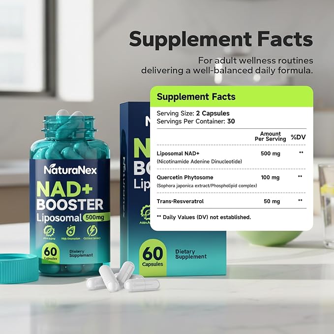 Liposomal NAD+ Supplement 650mg, NAD+, Resveratrol & Quercetin Complex for Cellular Energy, Third-Party Tested, NMN Supplement Alternative, 60 Capsules