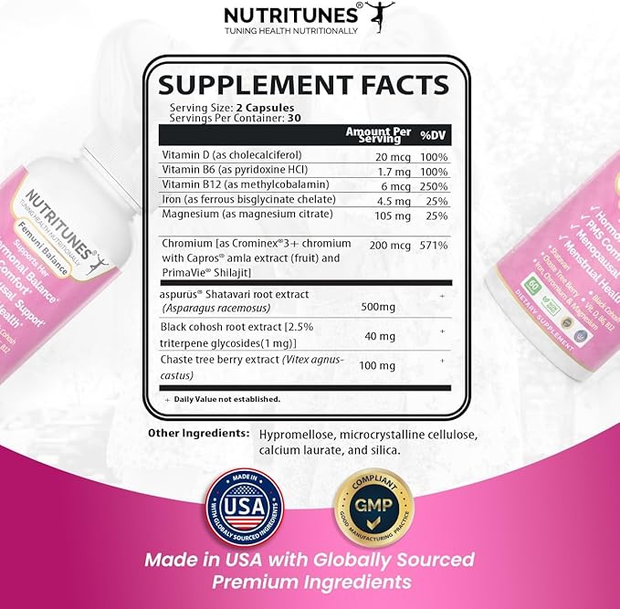 Femuni Balance - Women's Hormonal Balance & Mood Support: PMS, Menstrual Health, & Feminine Wellness with Black Cohosh, Vitex, Shatavari & Key micronutrients