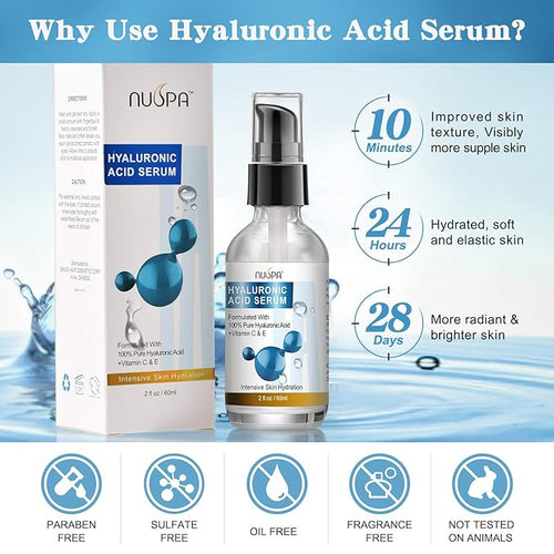 100% Pure Hyaluronic Acid Serum for Face Neck Body with Vitamin C Vitamin E for Skincare Hydrate, Moisturizer, Plump Skin, Reduce Wrinkles, Anti Aging Serum, 2 Oz