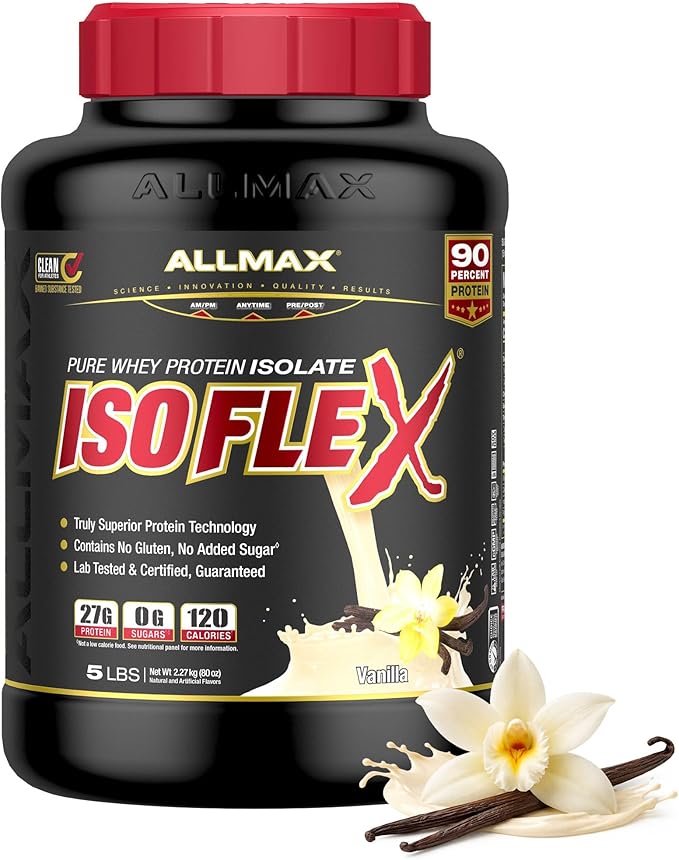 ALLMAX ISOFLEX Pure Whey Isolate Protein Powder - Gluten Free, Low Lactose, Sugar-Free - High-Protein, Clean, Keto-Friendly for Pre Post Workout Supplement for Women and Men | Vanilla, 5lb