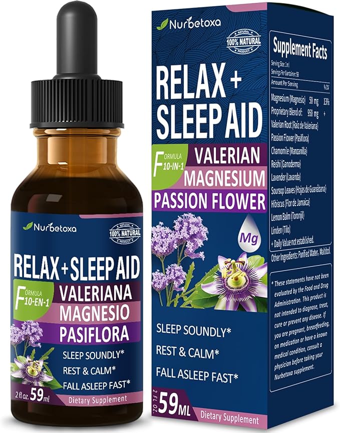 Valerian Root Sleep Aid Drops, Gotas de Glicinato y Citrato de Magnesio, Pasiflora y Valeriana para Dormir Profundamente adulto, Magnesium Citrate & Passionflower Extract Liquid Tincture.2oz