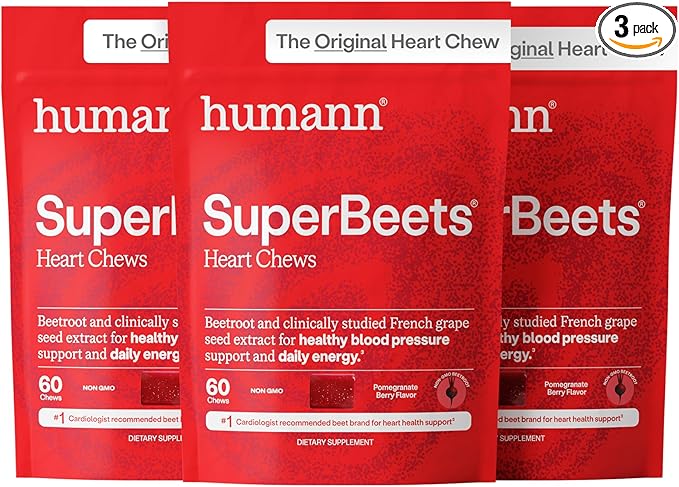 Humann SuperBeets Heart Chews, Beet Root Powder Support Energy Supplement, Nitric Oxide and Blood Pressure Support, Grape Seed Extract & Non-GMO, Heart Health, Pomegranate Berry Flavor, 180 Count