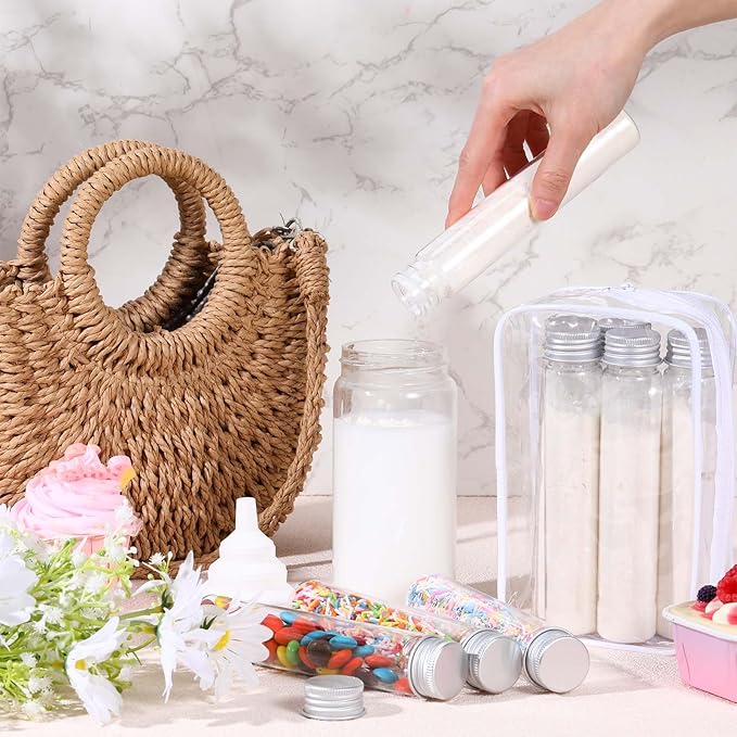 Shinylin 33 Pcs Protein Powder Travel Container Set 21 Pcs 50ml Reusable Powder Supplement Plastic Tubes and Portable Travel Organizer Zip up Bags Funnels Spoon and Labels for Workout Fitness