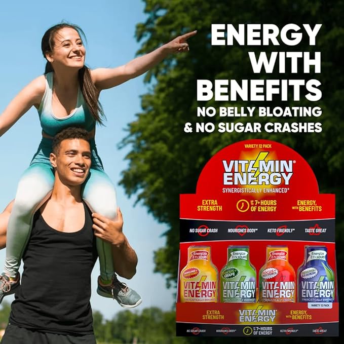 Vitamin Energy Extra Strength Energy Shot Variety Pack 12 Pack, 260mg Natural Caffeine, B-Vitamins, Vitamin D, NALT, Rhodiola, Mood, Focus, Immunity & Strength Support, Zero Sugar, Vegan, 1.93 fl oz