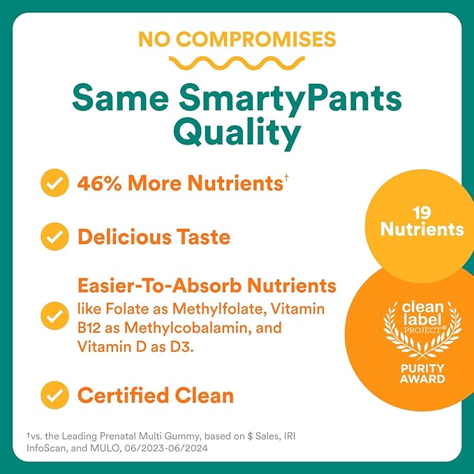 SmartyPants Prenatal Multivitamin Gummies, Omega 3 (DHA/EPA), Methylfolate, Biotin, Vitamin D3, C, Vitamin B12, B6, Vitamin A, K & Zinc, Gluten Free, 120 Count (40 Day Supply)