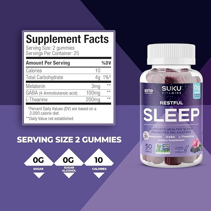 SUKU Restful Sleep Gummies – 3 mg Melatonin, L-Theanine & GABA – Vegan, Sugar-Free Chewable for Relaxation & Natural Sleep Support – BlackBerry-Hibiscus Flavor – Non-GMO, Gluten-Free – 50 Count