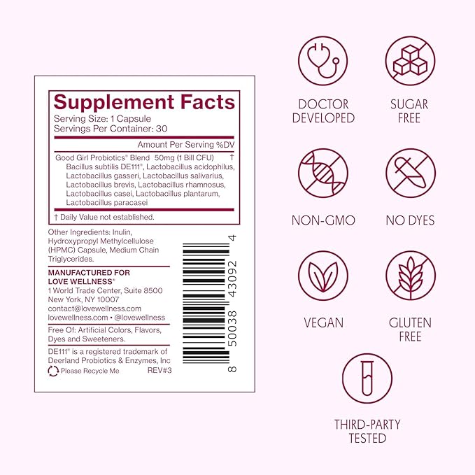 Love Wellness Good Girl Probiotics | Women’s Vaginal Health & pH Balance Supplement | 9-Strain Probiotic for Urinary Tract, Yeast, Odor & Immune Support | Gluten-Free (60-Day Supply)