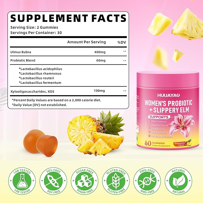 Her Juicy Feminine Probiotics Gummies - Women's Probiotic Slippery Elm Gummies Support pH Balance, Gut Health & Immune System, Sugar-Free, Pineapple Flavor, 60 Count