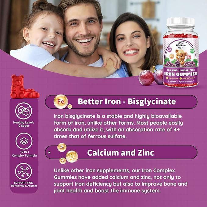 Iron Supplement Gummies for Kids - with Calcium, Zinc, Kids Multivitamin with Iron Gummies - Immune Support, Blood Builder & Energy Support for Iron Deficiency, Anemia, Vegan - 60 Count Grape Flavor